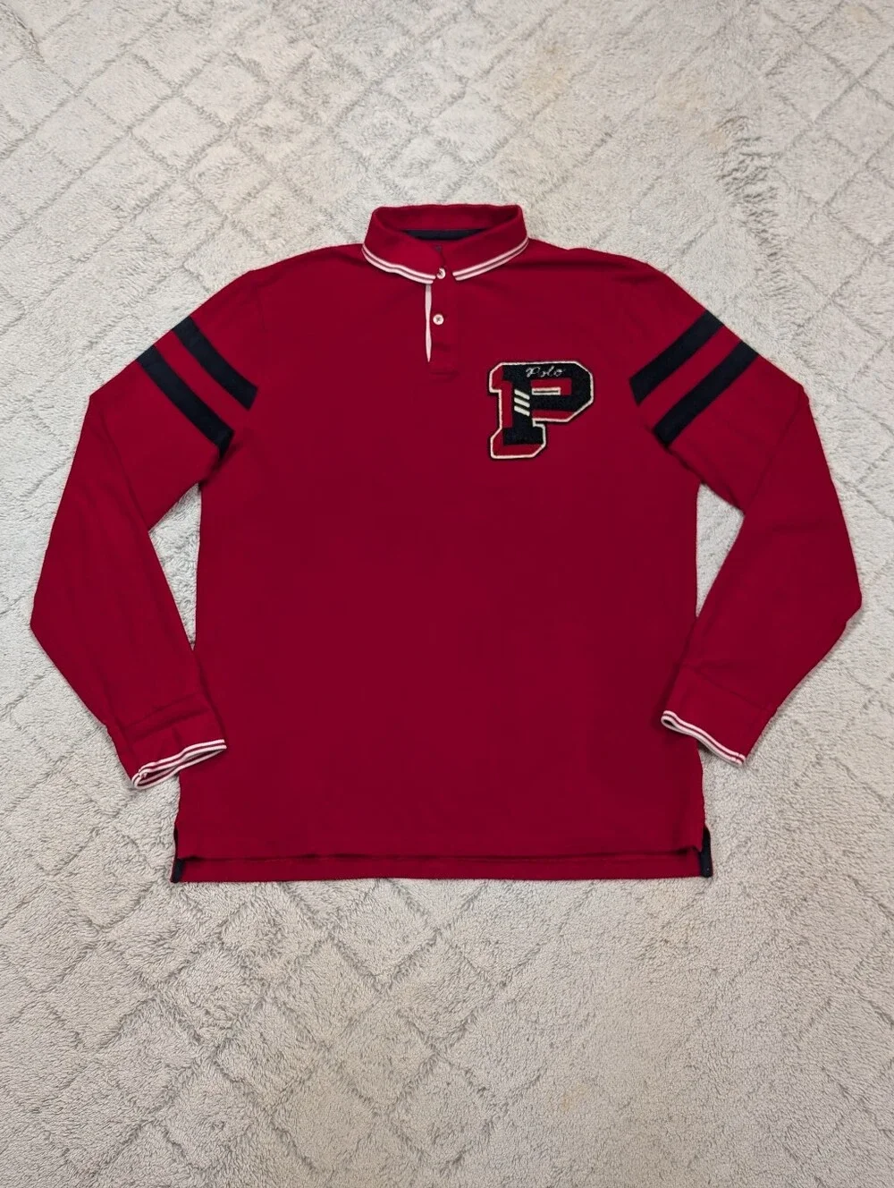 Polo Ralph Lauren Shirt Mens L Red Big P Script Varsity Letterman Rugby New York